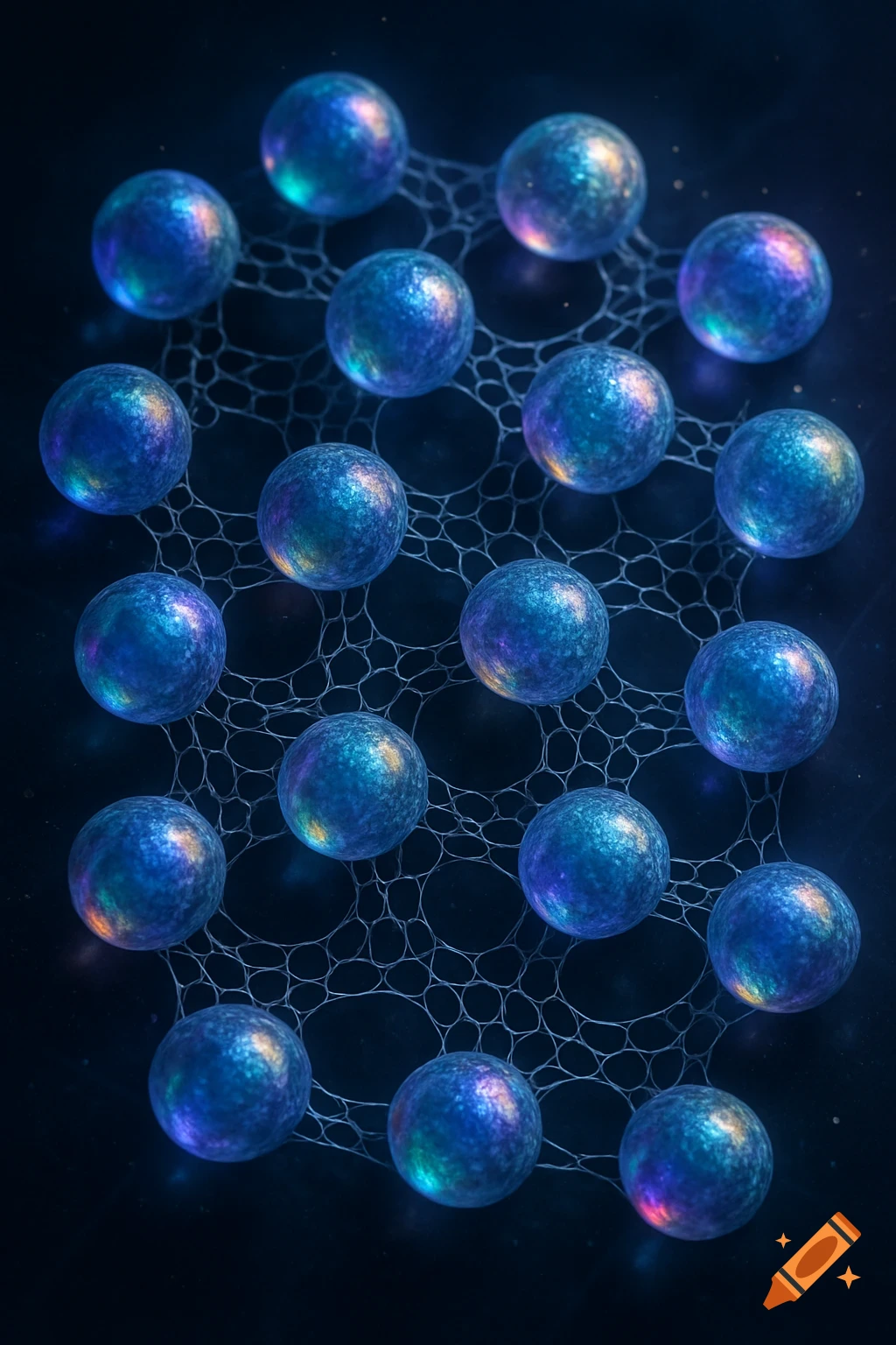 Blue iridescent spheres connected by a delicate white network on a dark background, resembling quantum dots.