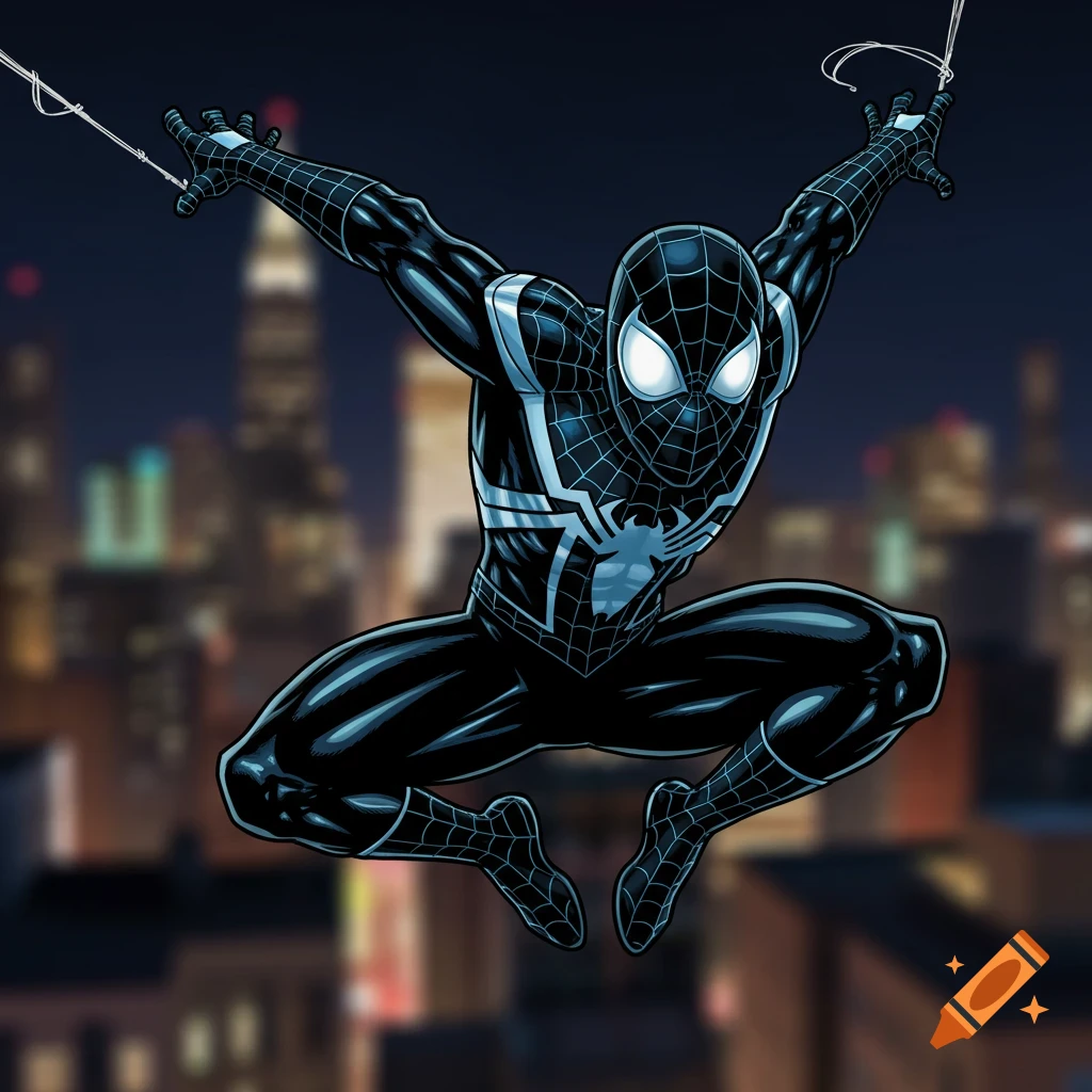 A black and blue superhero with web patterns, resembling Spider-Man, leaps over a blurred city skyline at night in a dynamic comic art style.