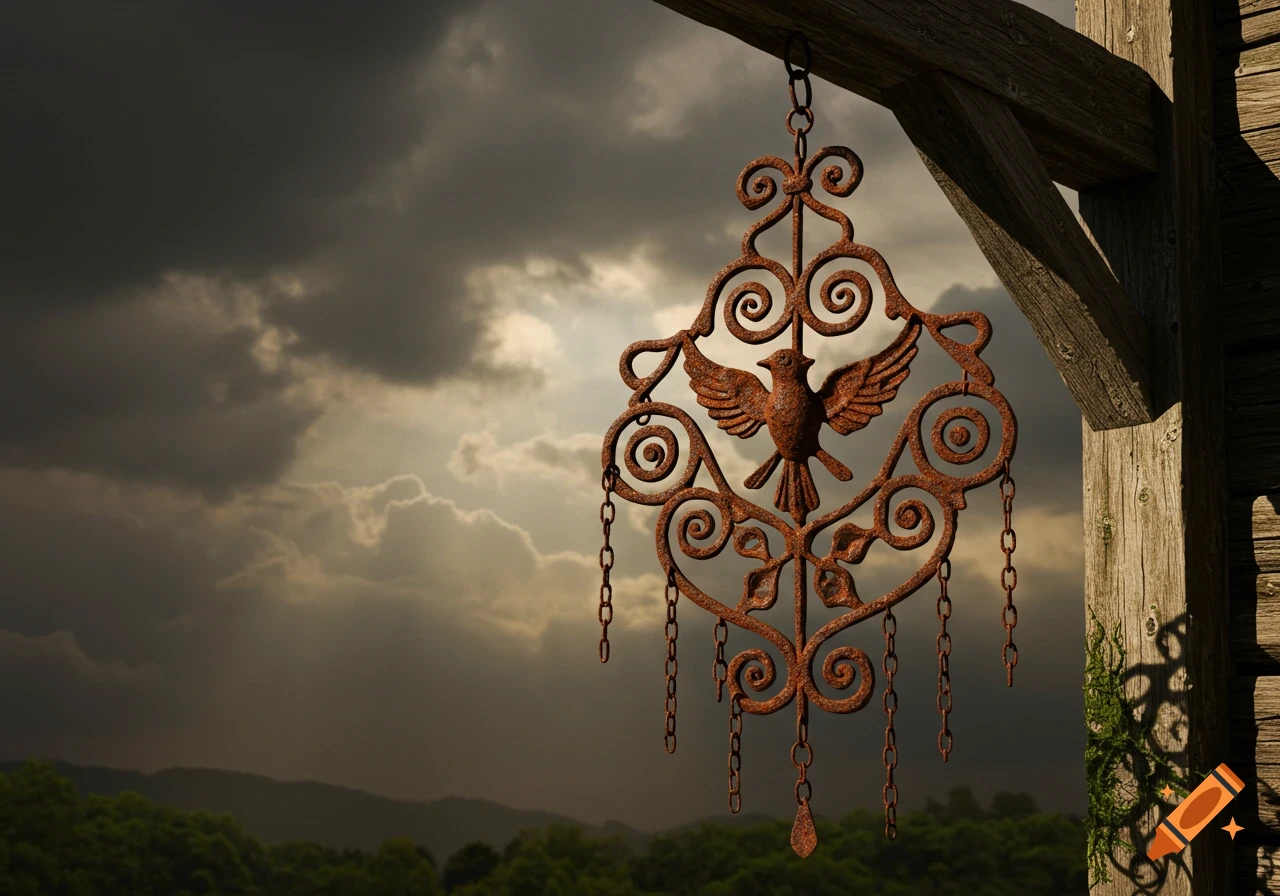 A rusted metal decoration with a bird at its center hangs from a wooden beam against a dramatic cloudy sky.