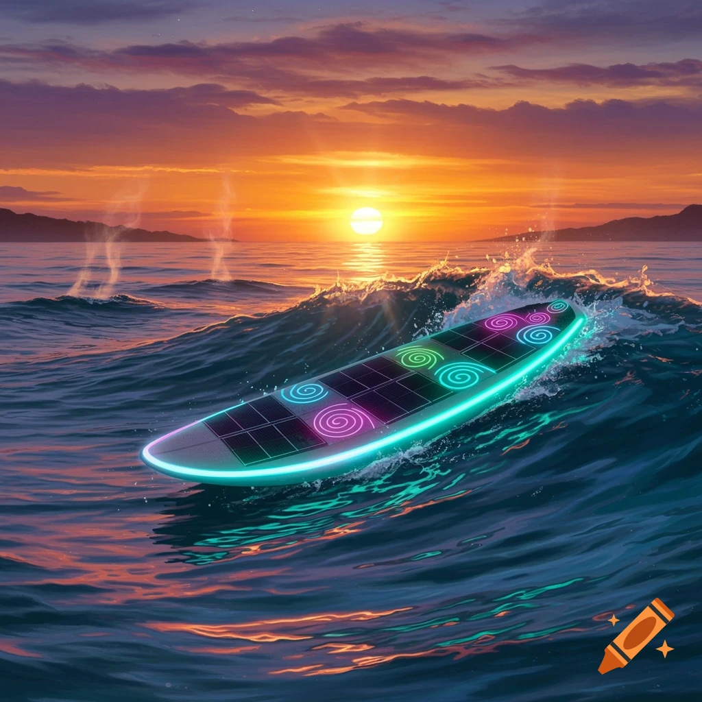A vibrant, futuristic surfboard with neon lights and spiral patterns rides a wave at sunset.