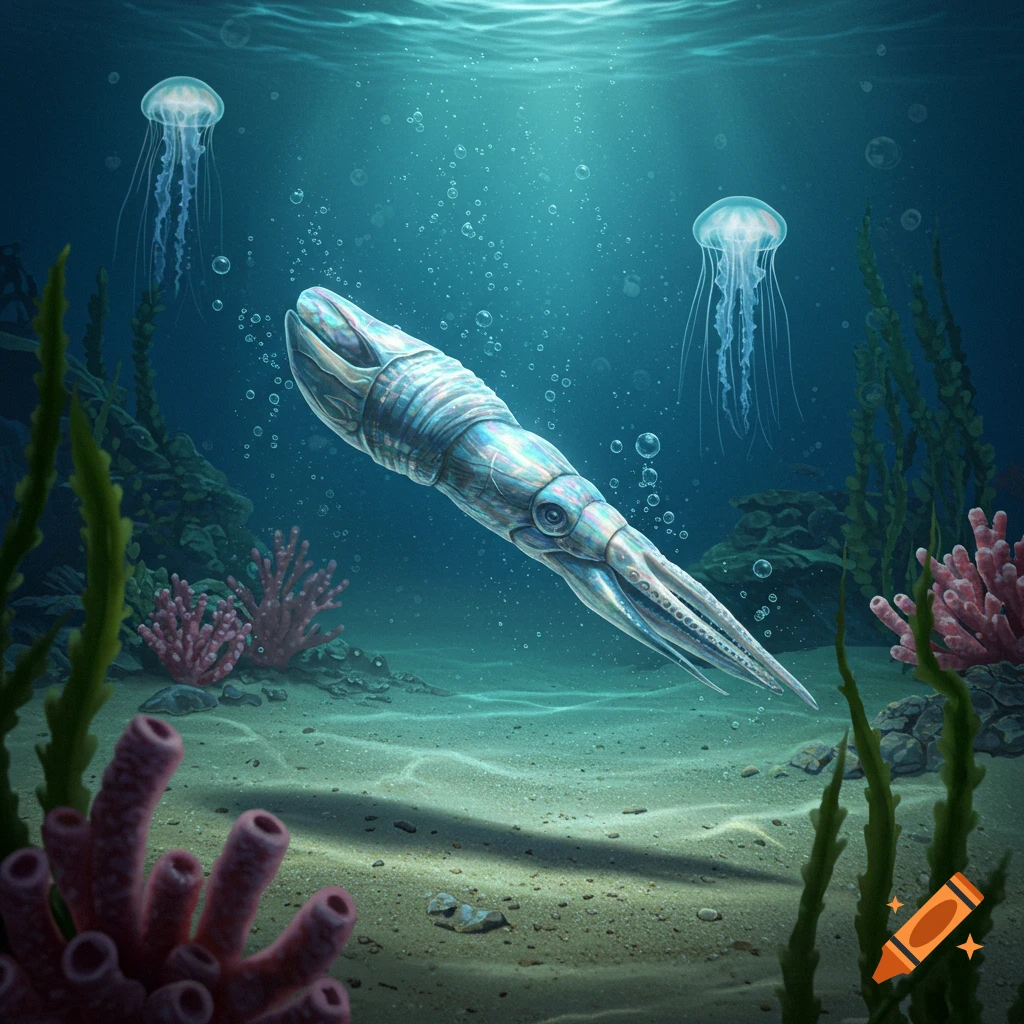 A detailed illustration of a long, iridescent Belemnitella-like creature swimming underwater with jellyfish and coral.