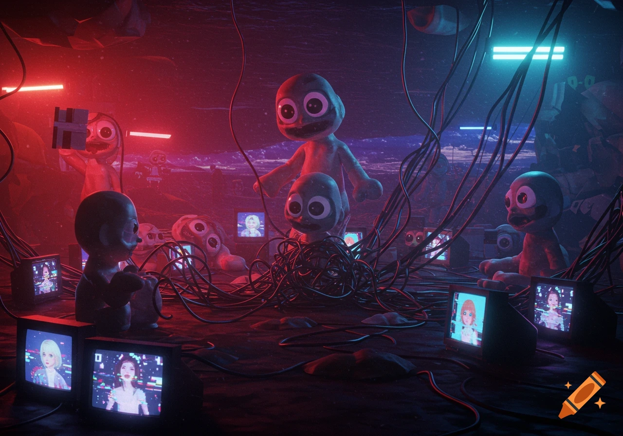 Surreal horror art with creepy, blob-like figures in a dark, wired cavern under neon lights, watching glitchy monitors.