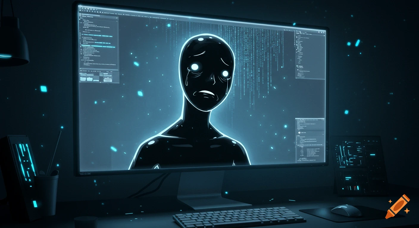 A dark room with a computer screen displaying a crying, black humanoid figure with blue glowing outlines and blue particles.