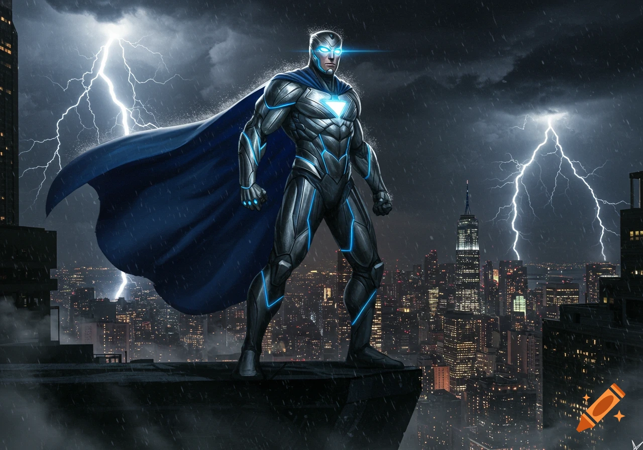 A powerful superhero in silver and blue armored suit with a flowing cape stands on a skyscraper overlooking a rainy city during a lightning storm.