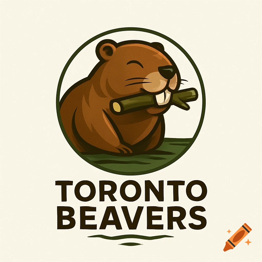 A cartoon brown beaver logo holding a stick in its mouth, inside a green circle, with 'TORONTO BEAVERS' text below.