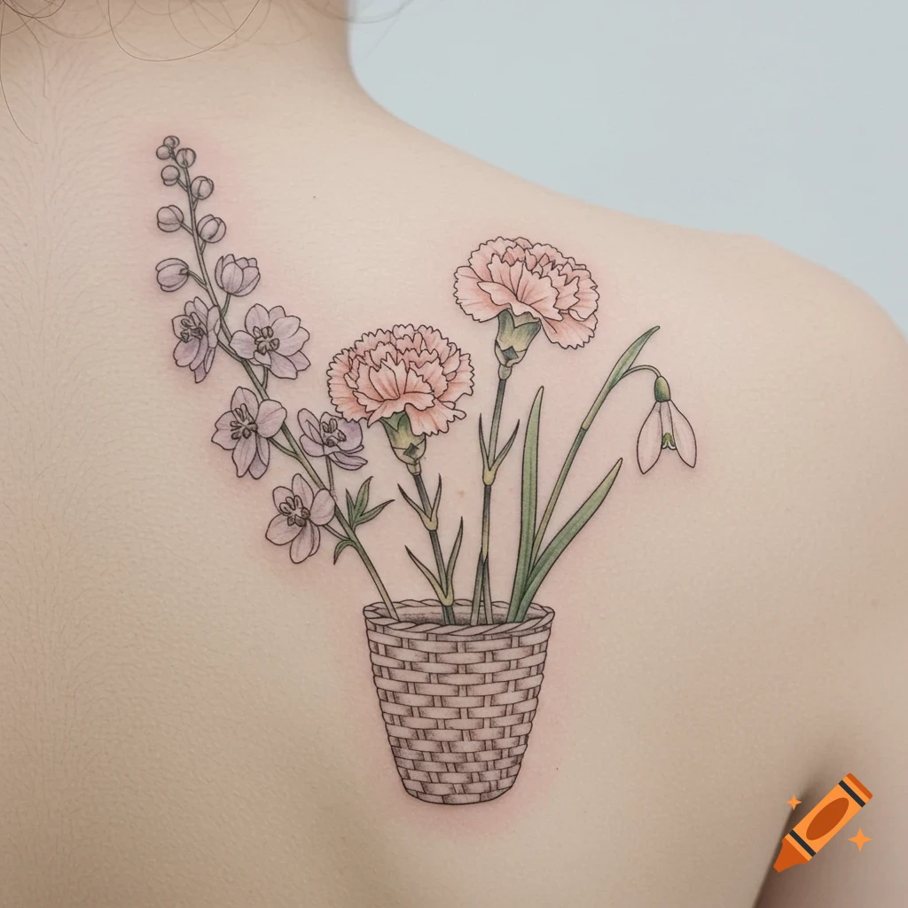 A colorful outline-style tattoo of pink carnations, purple larkspur, and a white snowdrop in a woven basket on a person's upper back.