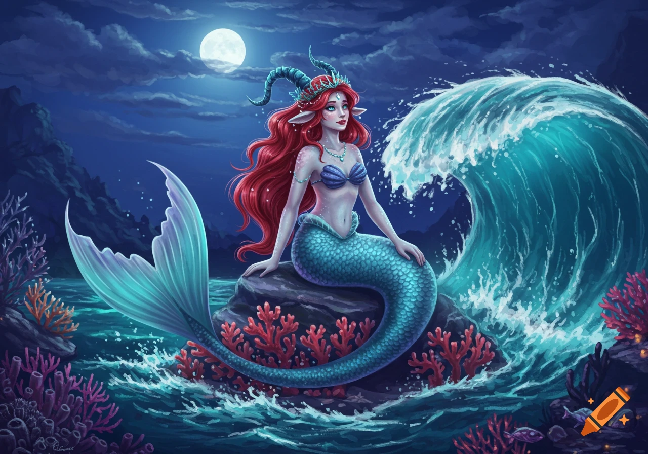 A red-haired mermaid with horns and a blue tail sits on a rock in the ocean at night, under a full moon, with a large wave crashing behind her.