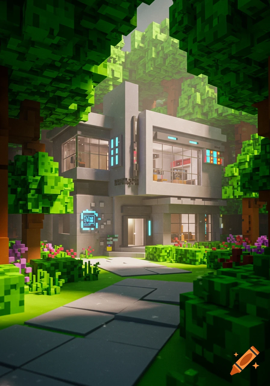 A blocky, futuristic house in a lush green forest, rendered in a Roblox or Minecraft-like pixel art style. A stone path leads to the front door, surrounded by a vibrant garden with colorful flowers and shrubs.