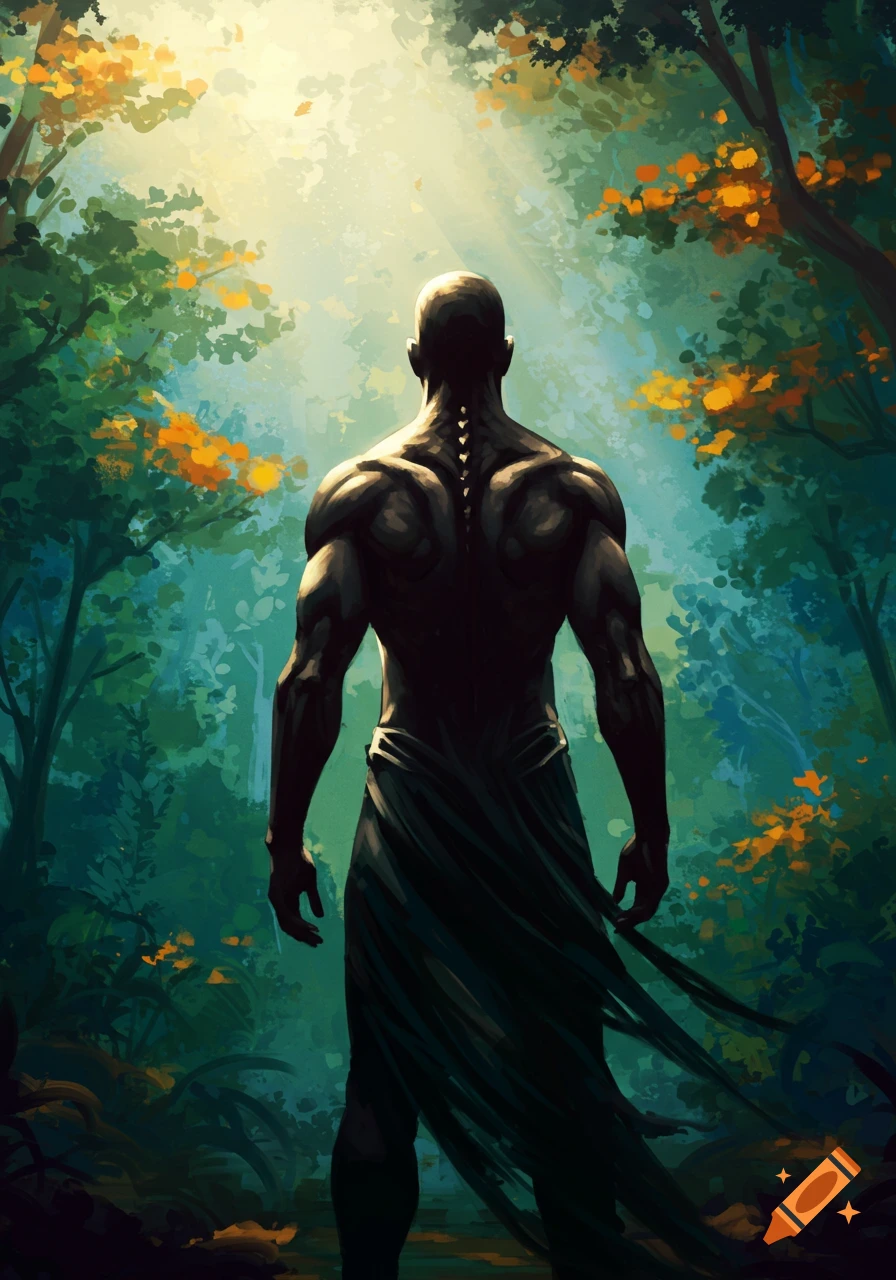 A bald, muscular man seen from behind, looking up into a sunlit, vibrant forest, in a stylized painting.