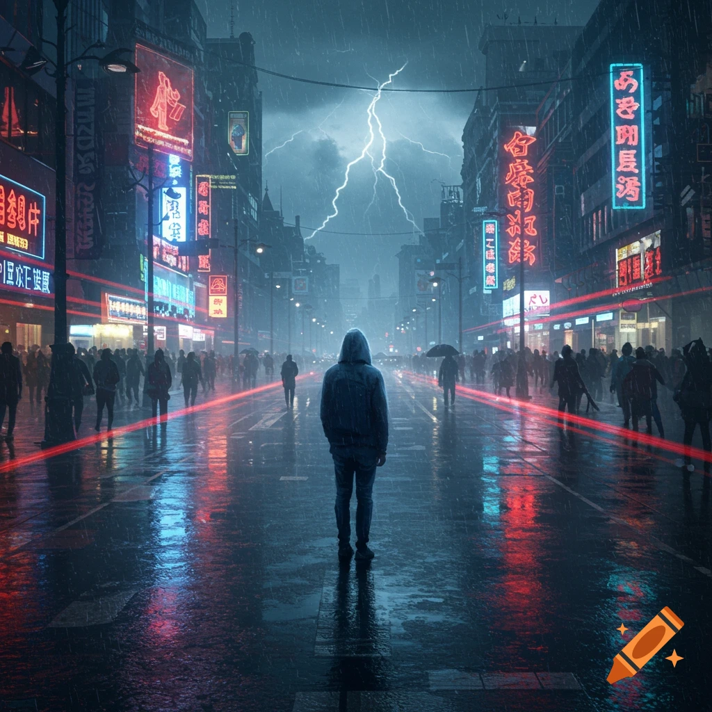 A solitary figure in a hoodie stands on a rainy cyberpunk city street at night, surrounded by neon signs and blurred crowds, under a stormy, lightning-filled sky.