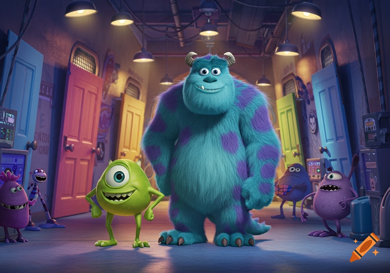 Sully and Mike Wazowski stand smiling in a colorful Monsters Inc. scaring floor hallway with doors and other monsters, 3D animation style.