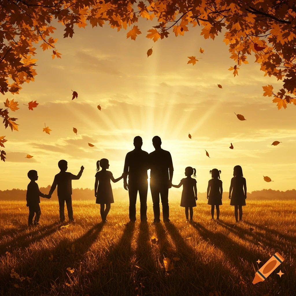 Silhouetted family of seven, including two adults and five children, standing in a field at sunset with falling autumn leaves.