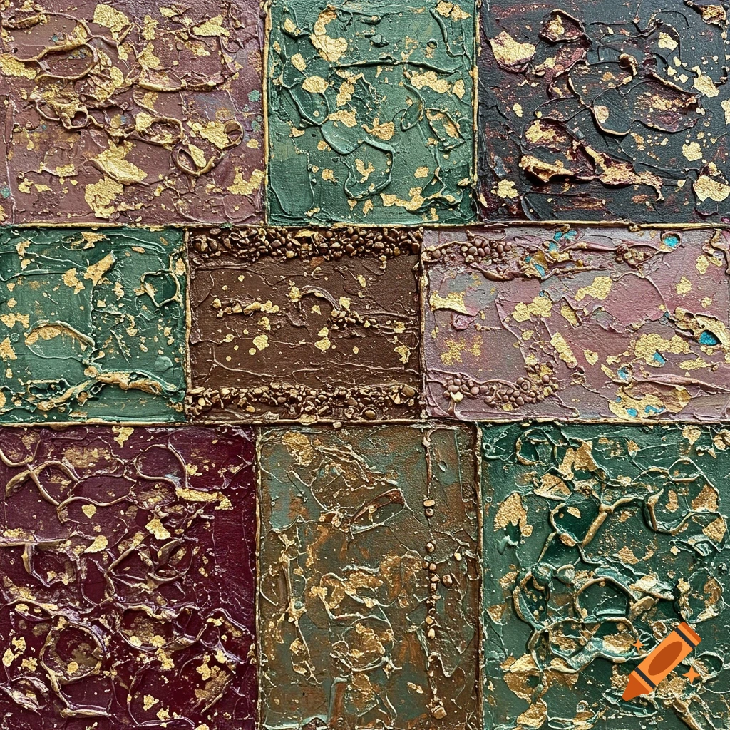 A close-up of a textured mosaic artwork featuring nine squares in earthy tones and gold leaf.