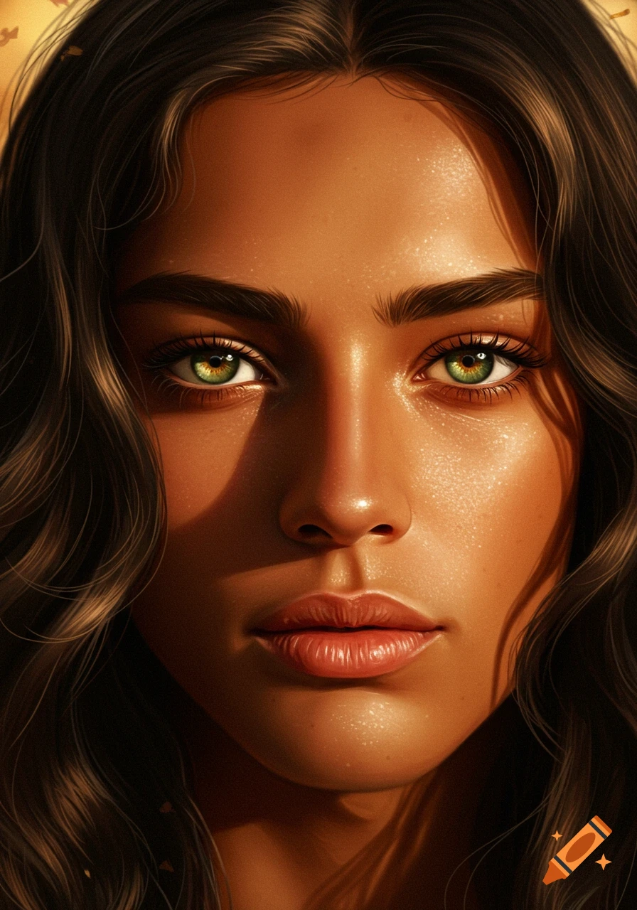 Close-up portrait of a woman with tanned skin, dark wavy hair, vivid green eyes, and pale pink lips, with dramatic lighting.