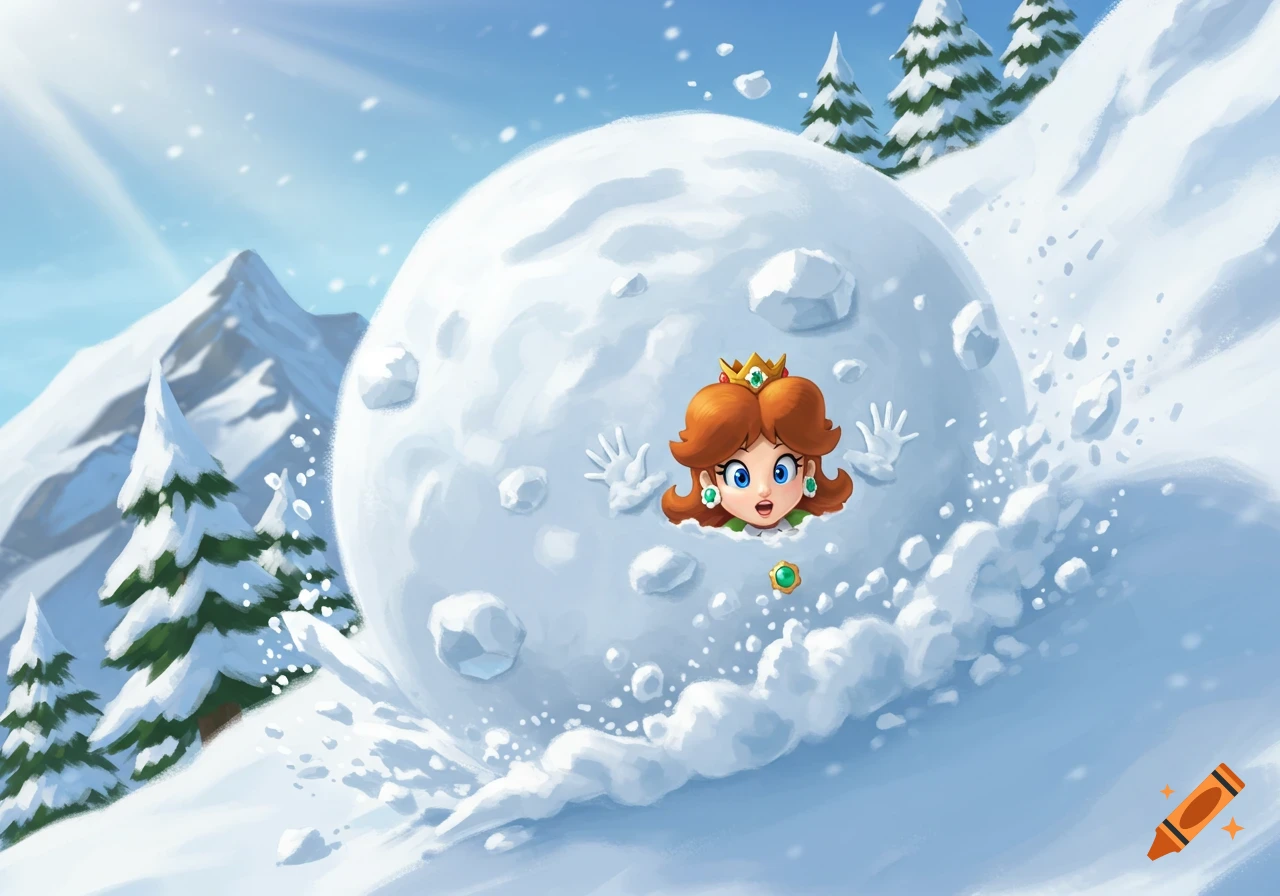 Princess Daisy's head and hands emerge from a giant snowball rolling down a snowy mountain with pine trees, in a cartoon style.