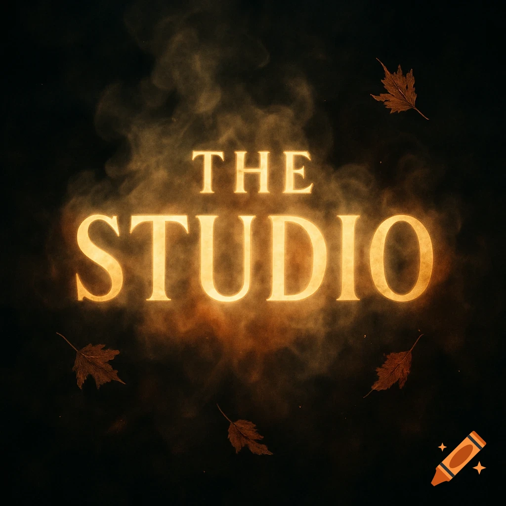 Glowing text 'THE STUDIO' in swirling golden smoke with autumn leaves on a dark, moody background.