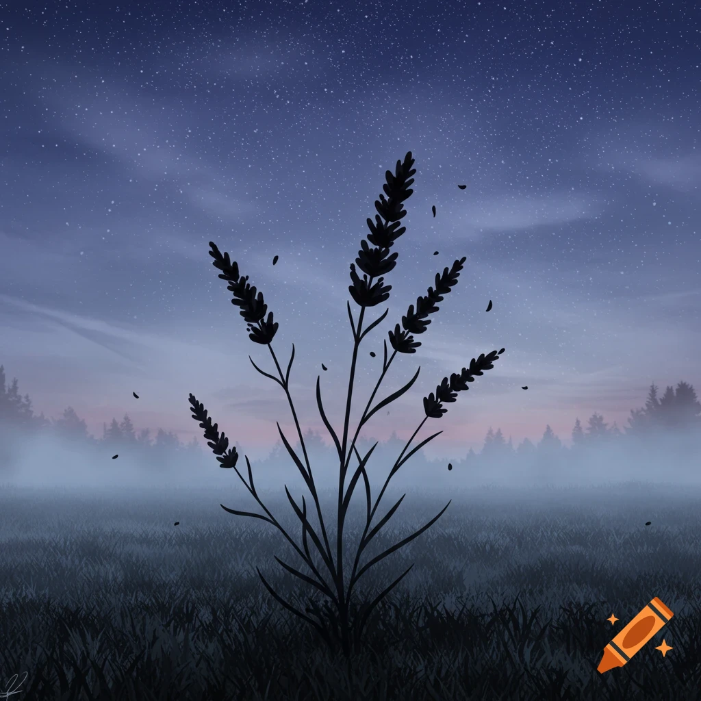 A silhouette of a black lavender plant stands in a misty field under a starry night sky with a distant forest.