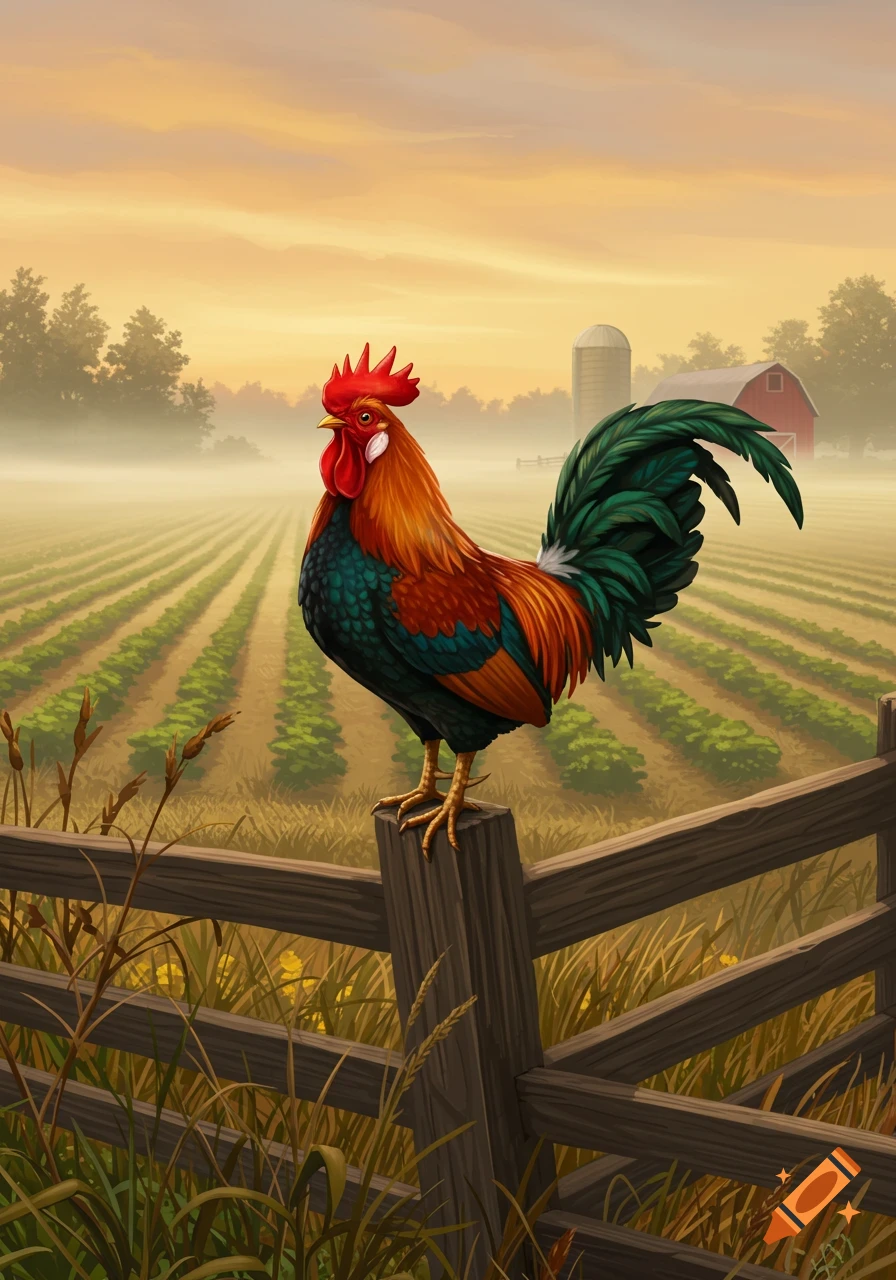 A colorful rooster stands on a wooden fence post in a misty farm field at sunrise, with a barn in the distance.