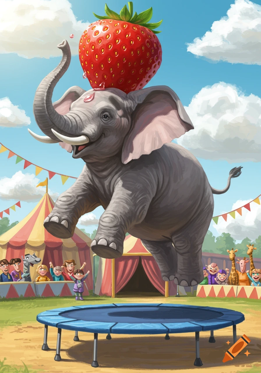 Cartoon elephant with a giant strawberry on its head jumps on a trampoline at a circus with an audience watching.