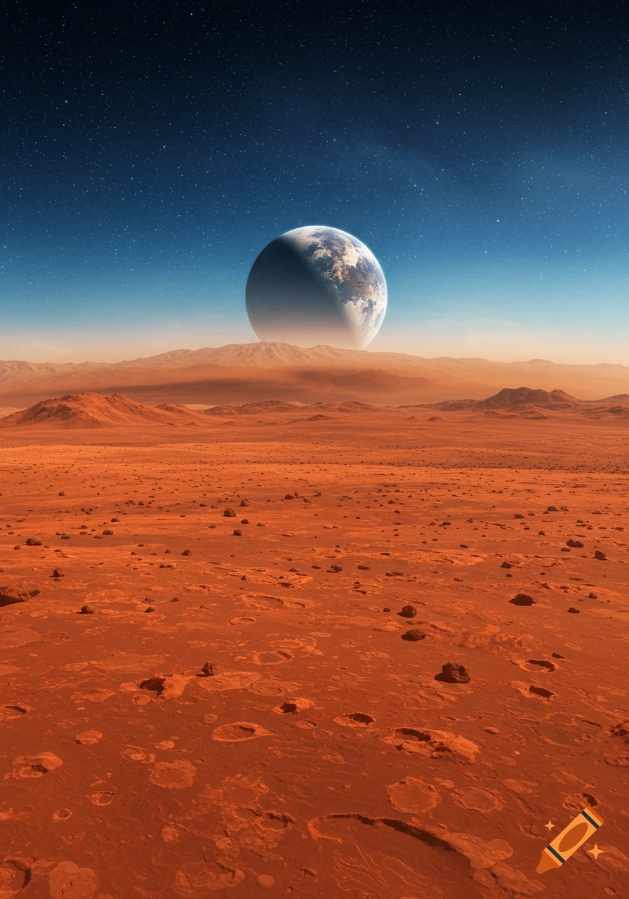 Photorealistic Martian landscape with red rocks, distant mountains, and a large Earth-like planet in a starry blue sky.