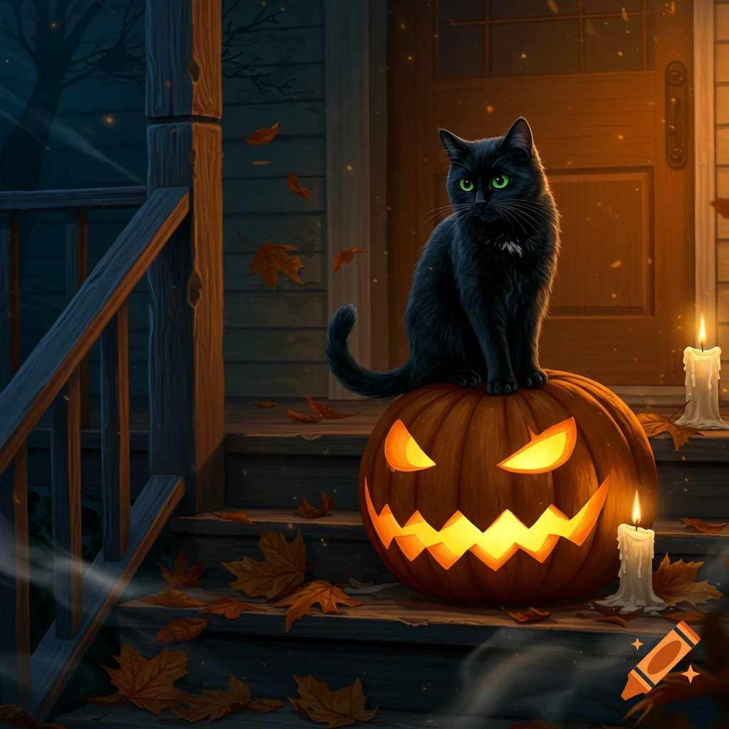 A black cat with luminous green eyes sits on a glowing jack-o'-lantern on wooden porch steps, surrounded by autumn leaves and candlelight at night.