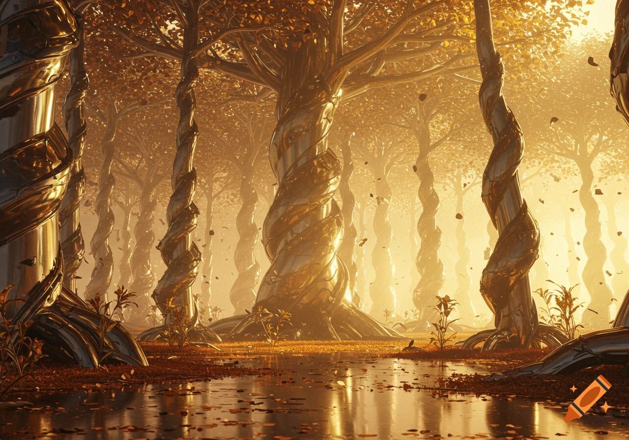 A fantastical forest filled with glowing, twisted golden metallic trees and falling leaves, reflected in a still body of water.