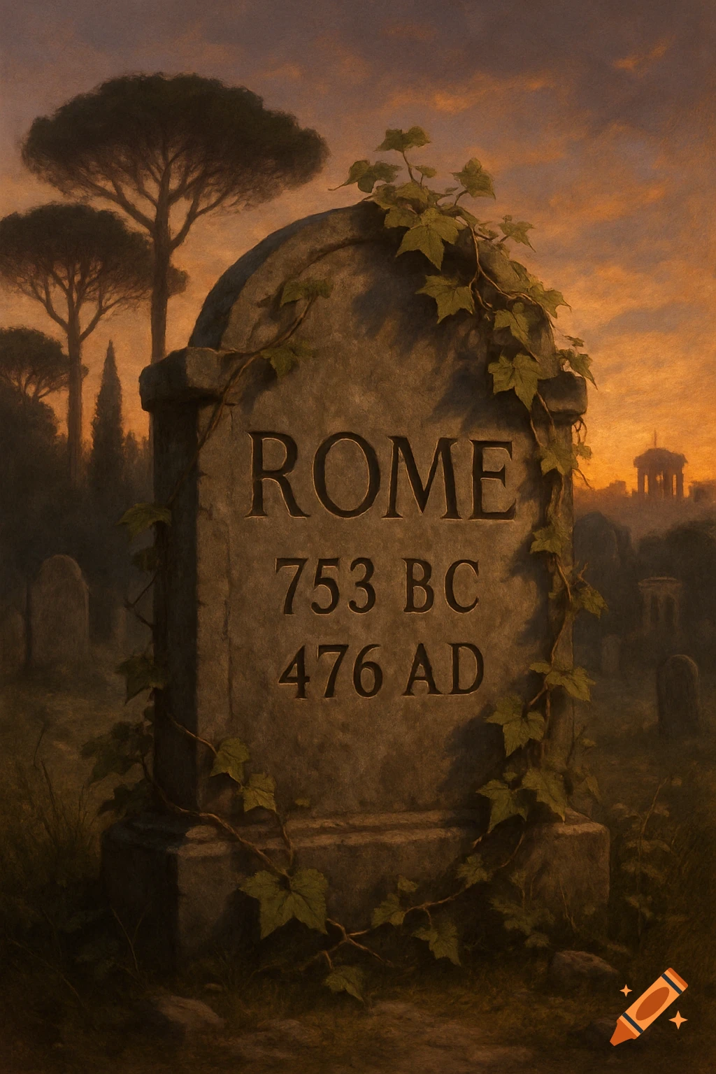 A weathered gravestone inscribed with 'ROME 753 BC 476 AD' in a misty cemetery at sunset, with tall trees and a distant building, in a painted style.