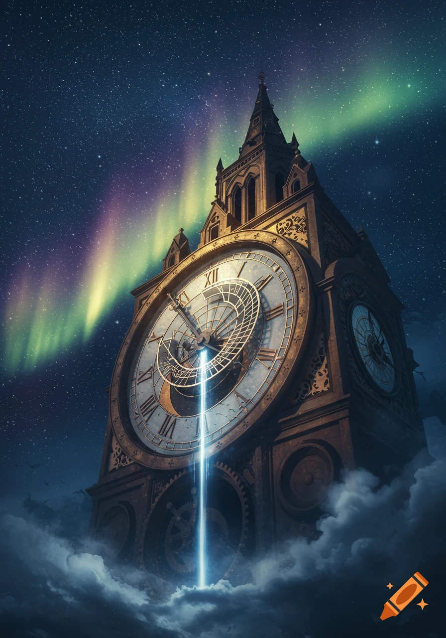 A grand, ornate clock tower with Roman numerals under a starry night sky illuminated by a vibrant aurora. A glowing blue beam of light emanates from the clock face down into swirling clouds.