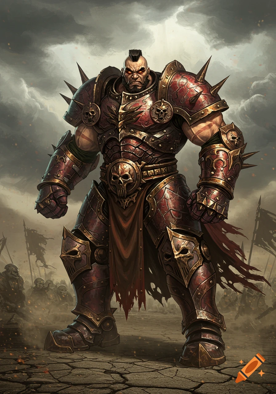 Muscular warrior with red eyes and a mohawk, wearing spiked red and gold armor adorned with skulls, stands on cracked ground with a smoky battlefield in the background.