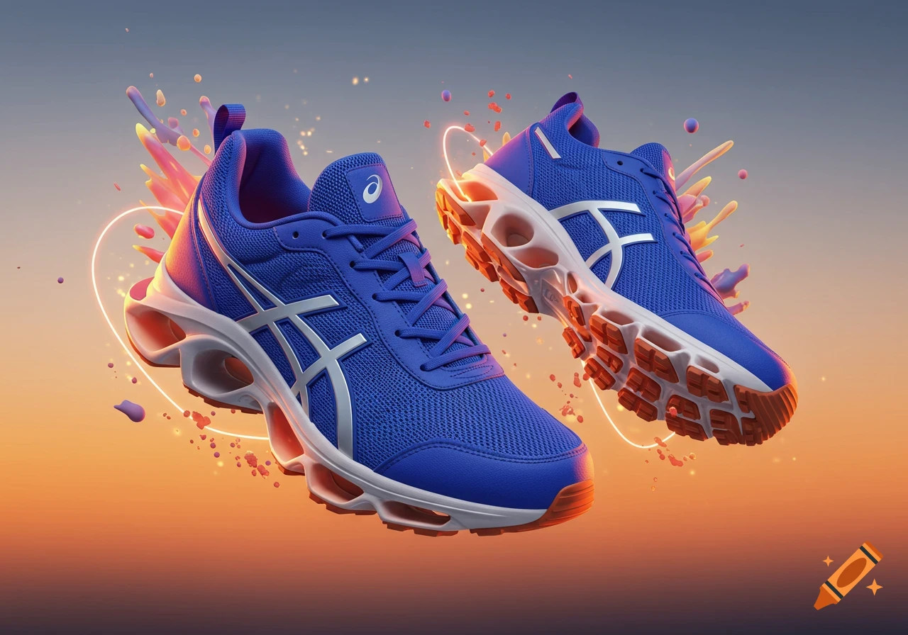 Two blue and white athletic shoes float dynamically against an orange and blue gradient with colorful splatters and neon trails.