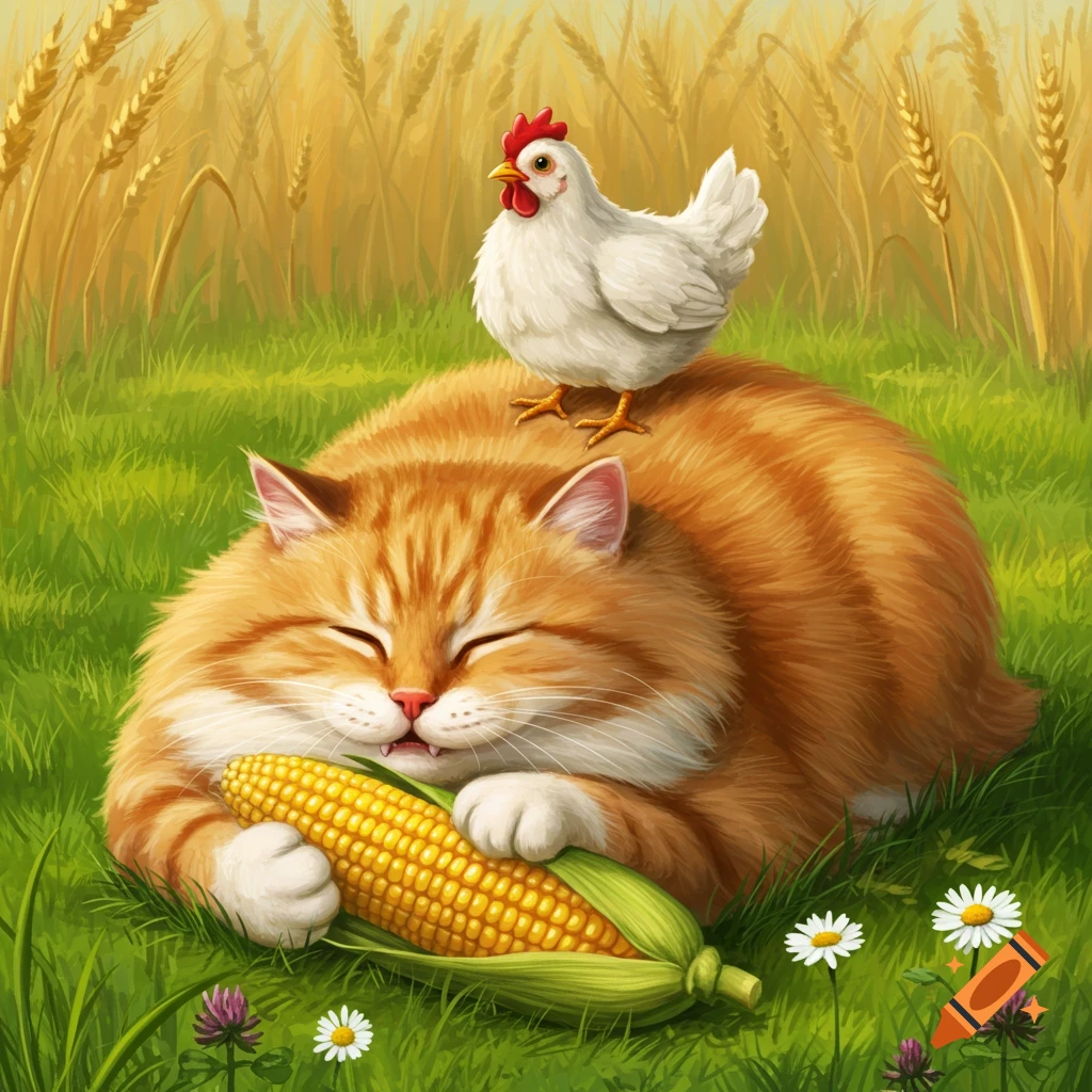 A fluffy orange cat holds corn while a chicken perches on its back in a wheat field. Illustration.