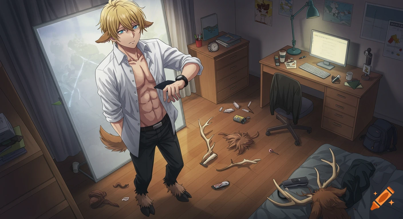Anime man with blond hair, animal ears, hooves, and tail, shirtless, looks in a mirror in his messy bedroom with shed fur and antlers.
