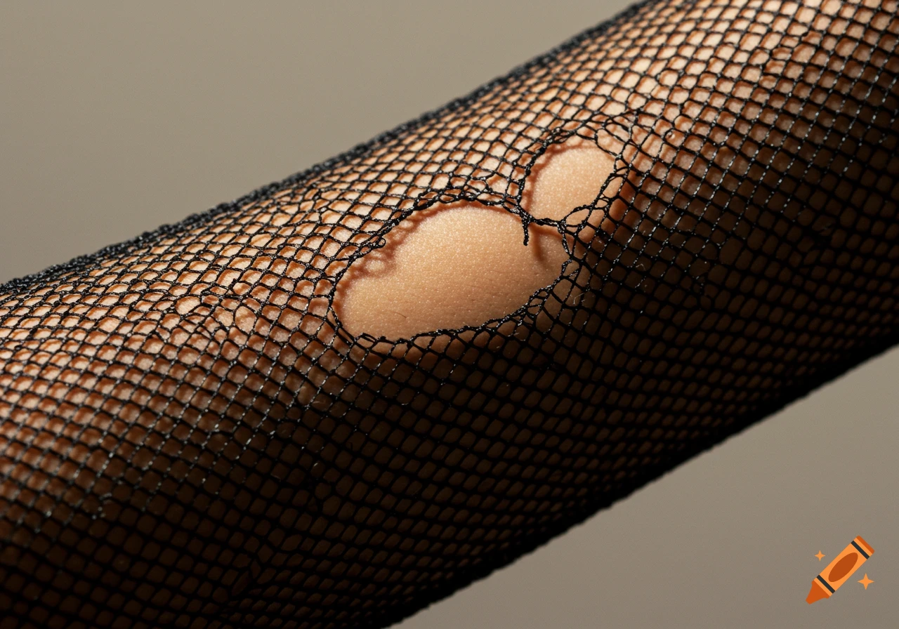 Close-up of an arm wearing ripped black fishnet stockings, revealing skin underneath.
