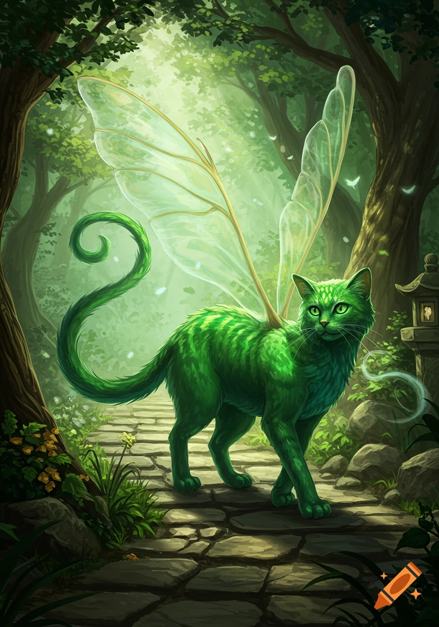 A vibrant green cat with translucent wings and a curled tail walks on a stone path through a mystical, sunlit forest.