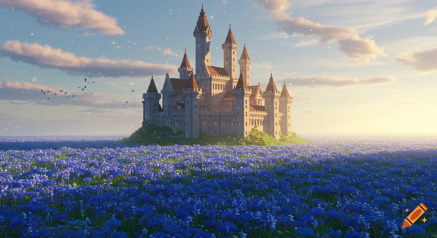 A grand Minecraft-style castle stands amidst a vast field of vibrant blue cornflowers under a bright sky.