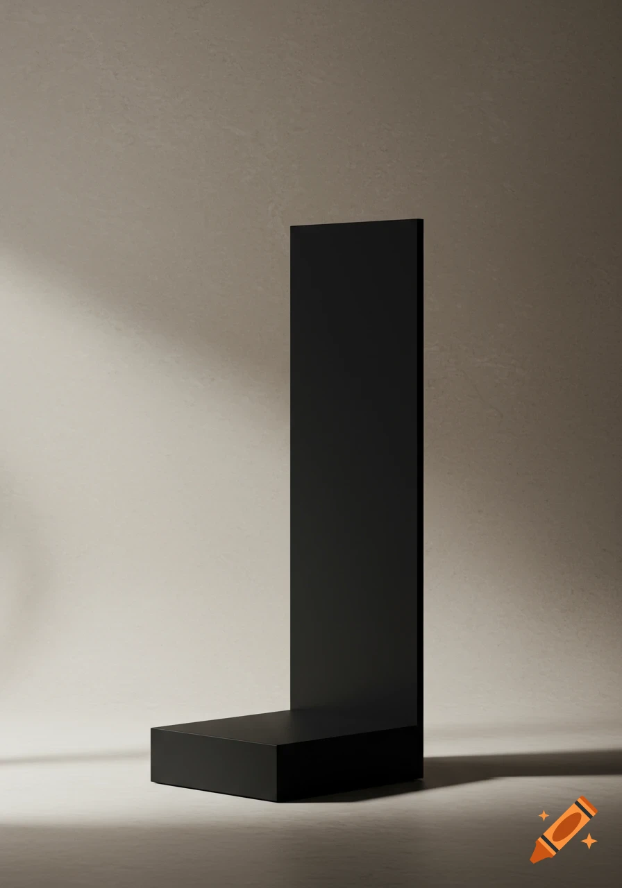 A minimalist L-shaped black pedestal against a textured beige wall with soft shadows.