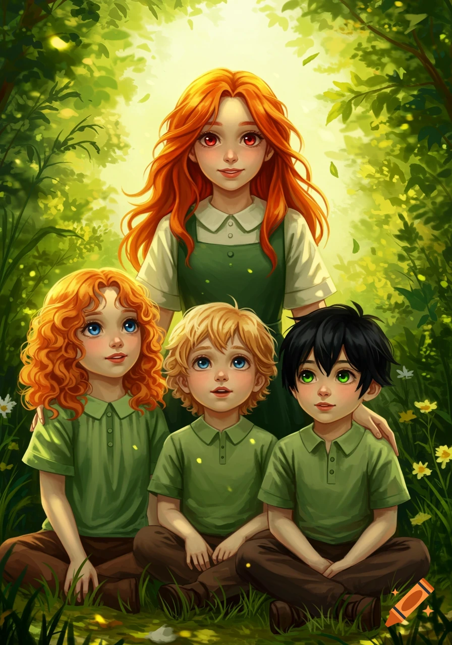 Vibrant digital illustration of a red-haired woman and four children, a family portrait in a lush green forest.