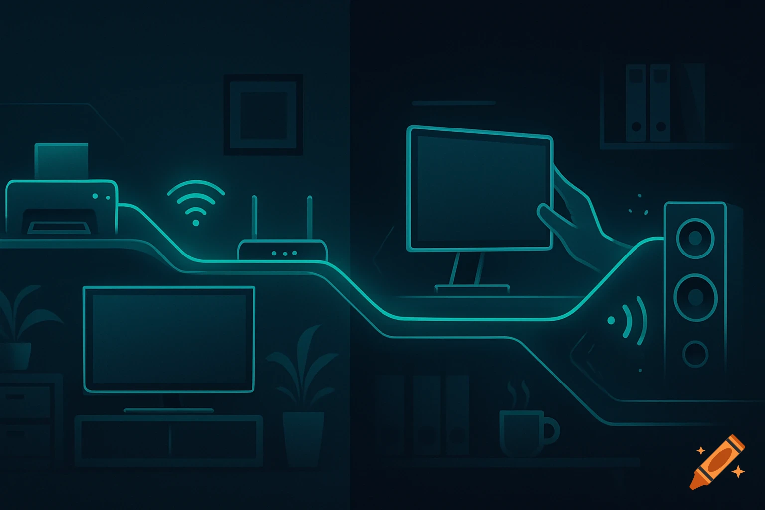 Stylized illustration of connected home/office electronics: printer, WiFi router, TV, computer, and speaker, linked by glowing lines.