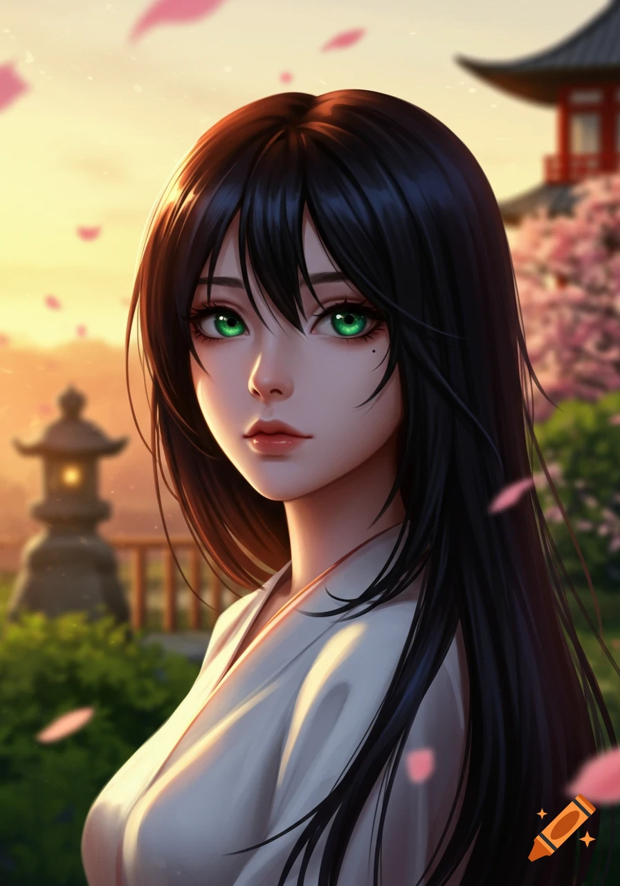 An anime girl with long black hair and bright emerald eyes wears a white kimono, standing in a Japanese garden with cherry blossoms and a temple at sunset.