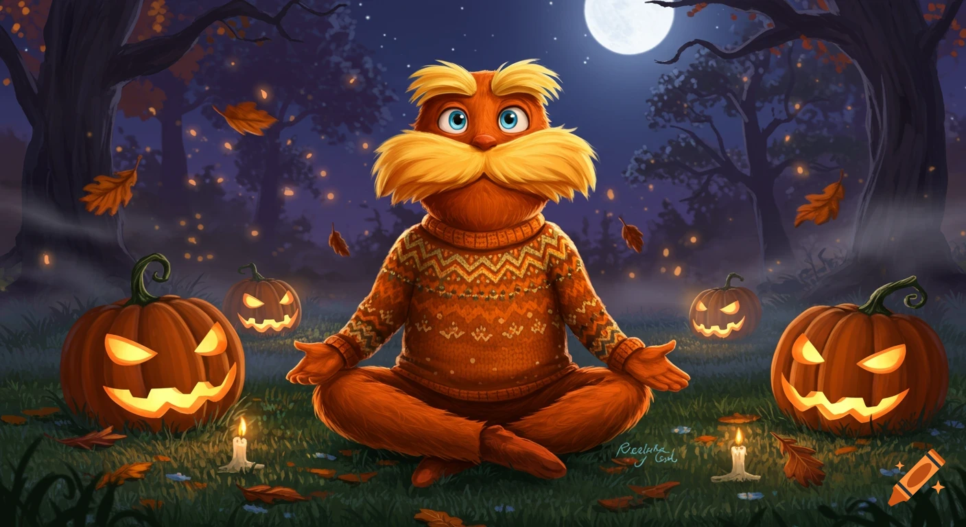 The Lorax in an orange sweater sits cross-legged among glowing jack-o'-lanterns and candles in a spooky autumn forest at night, cartoon illustration.