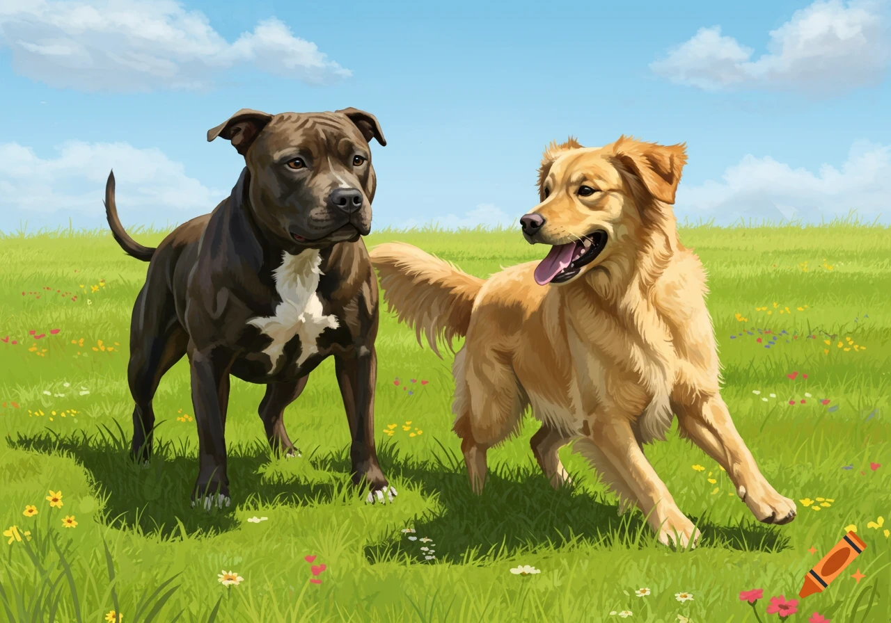 An illustrative painting of a brown pitbull and a golden retriever in a green field with wildflowers under a blue sky.