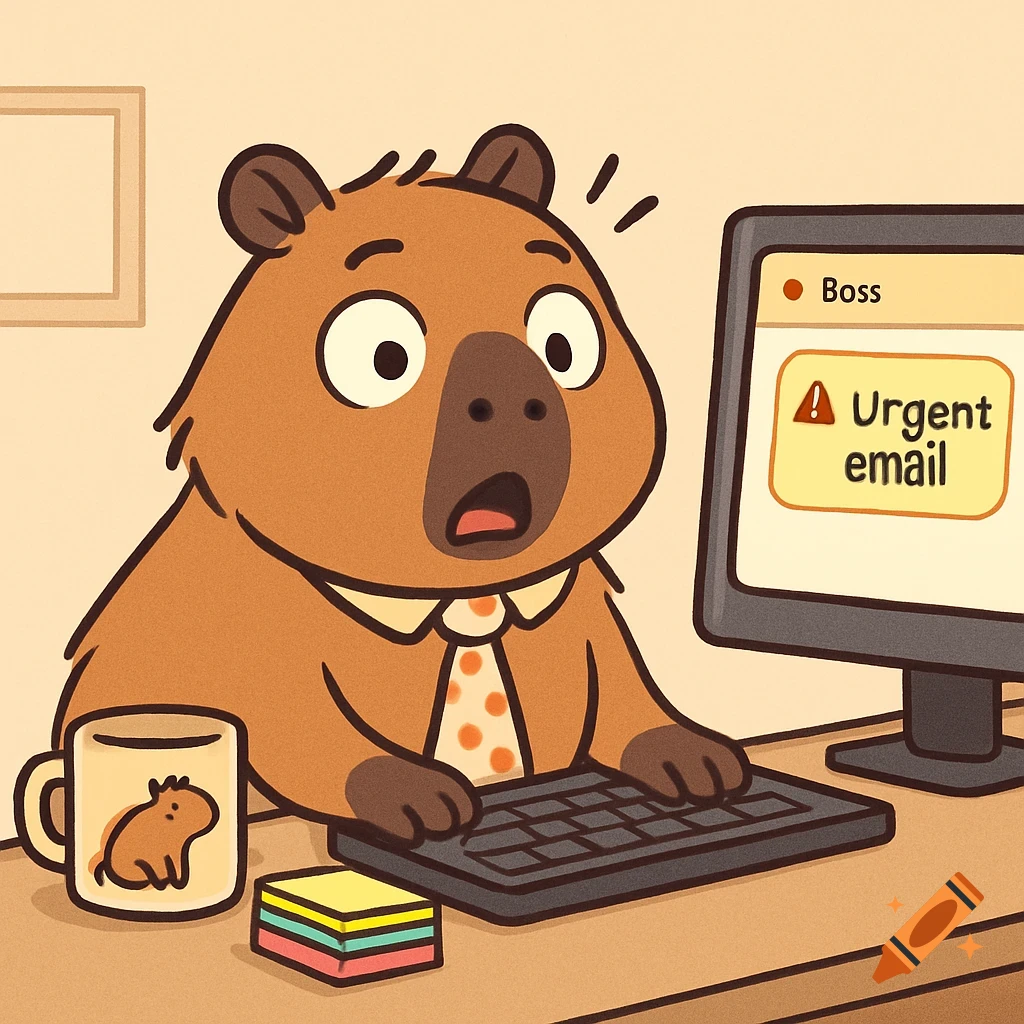 A cute cartoon capybara at an office desk looks surprised at an 'Urgent email' from 'Boss' on its computer screen.