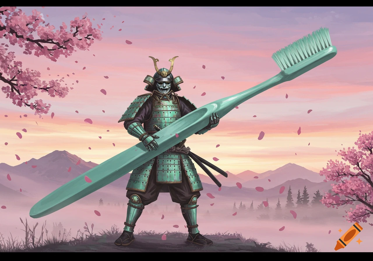 A samurai in teal armor wields a giant toothbrush in a scenic landscape with pink cherry blossoms and distant mountains at sunset.