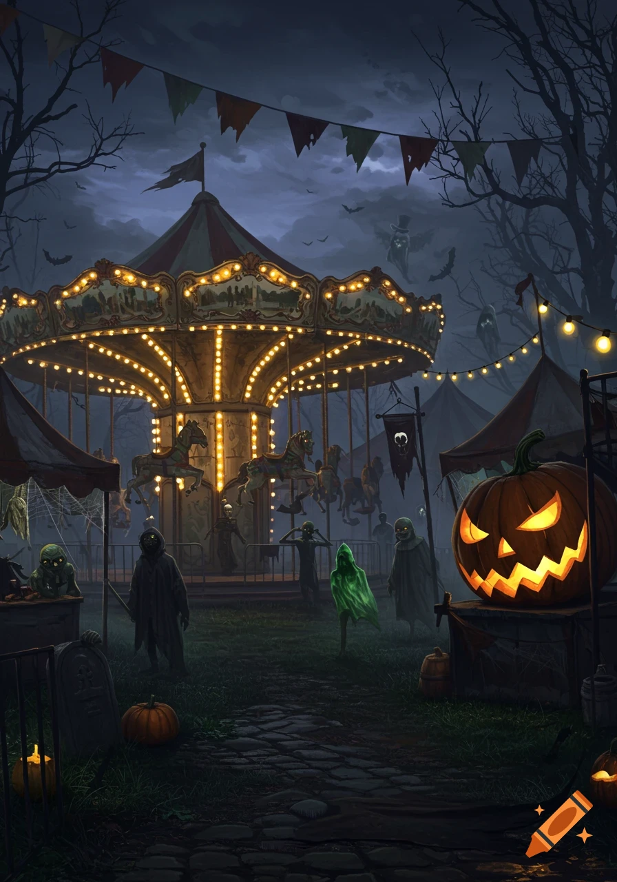 A dark, haunted Halloween carnival scene with a brightly lit carousel, glowing pumpkin, spooky trees, and shadowy figures.