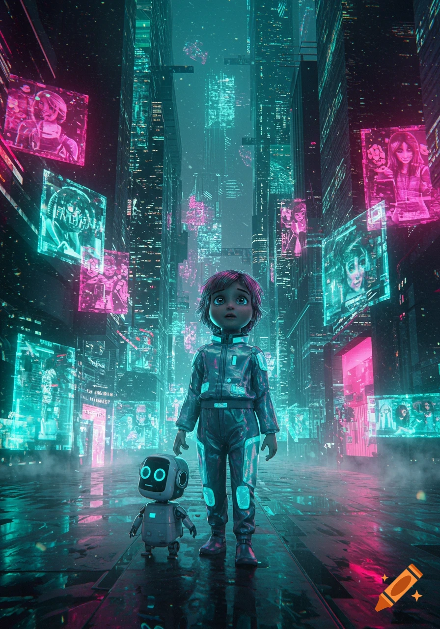 A young child in a futuristic suit and a small robot stand on a wet street in a neon-lit cyberpunk city.