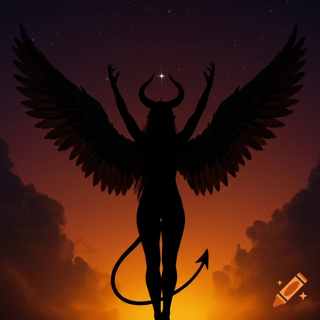 Dark silhouette of a horned, winged demon-like woman with a tail, arms raised, against a sunset and starry sky.