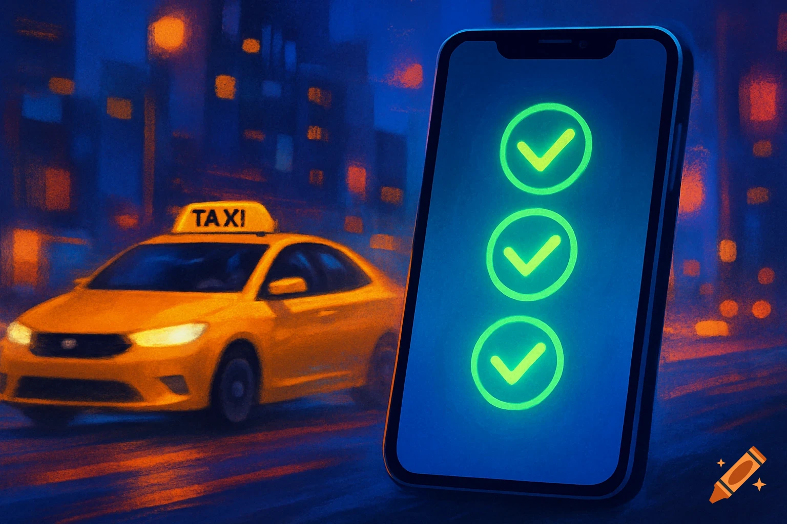 A yellow taxi on a city street at night, next to a mobile phone displaying three green checkmarks, in a painterly style.