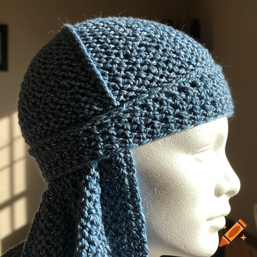 Blue knitted durag on a white mannequin head, viewed in profile with natural light.