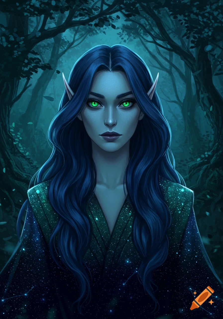 A fantasy portrait of an elf woman with dark blue hair, glowing green eyes, and pointed ears, wearing a starry robe in a dark forest.