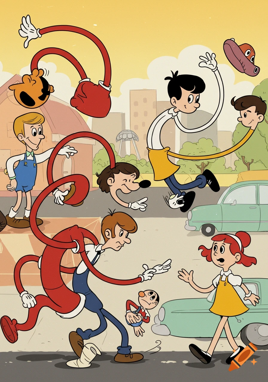 Multiple colorful, retro rubber hose cartoon characters with stretchy limbs and detached parts walk and interact on a city street.